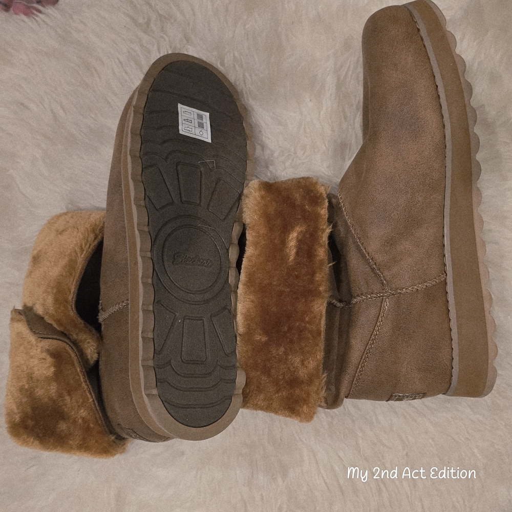 Skechers Chestnut Tan Faux Fur Lined Winter Boots Button Detail Size 10 - Picture 5 of 10